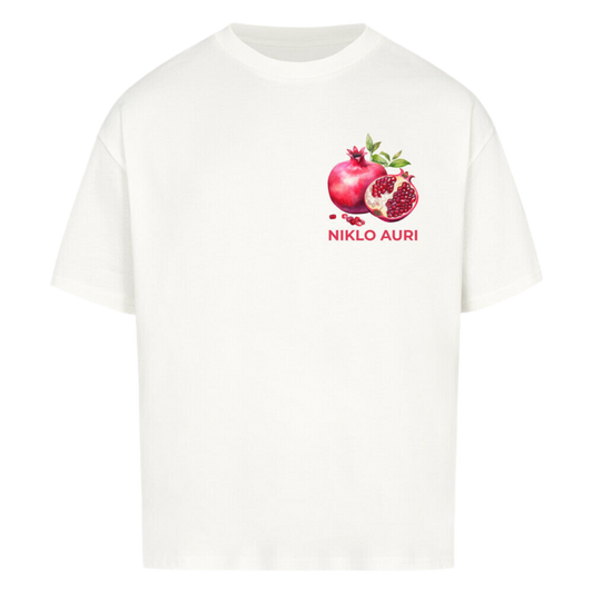 Weißes T-Shirt mit Granatapfel-Illustration und rotem „NIKLO AURI“-Schriftzug auf der linken Brustseite.