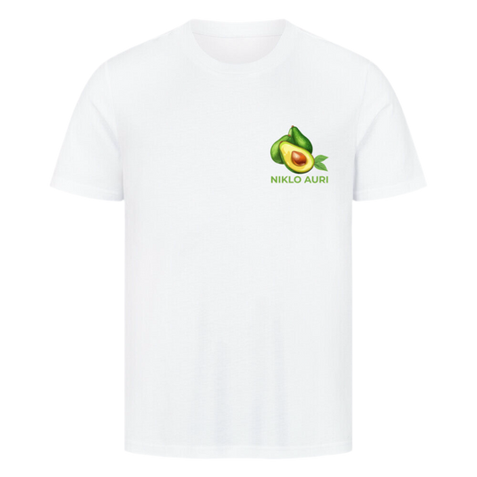 Weißes T-Shirt mit kleiner Avocado-Illustration und grünem „NIKLO AURI“-Schriftzug auf der linken Brustseite.