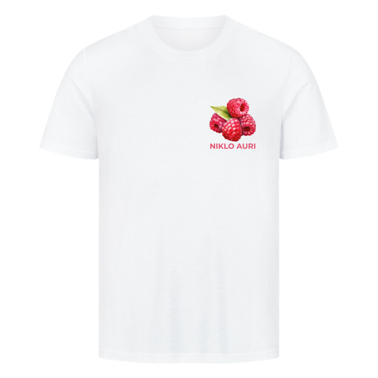 Weißes T-Shirt mit Himbeer-Illustration und pink-rotem „NIKLO AURI“-Schriftzug auf der linken Brustseite.