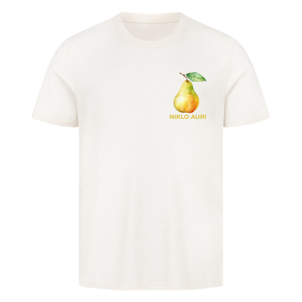 Naturweißes T-Shirt mit Birnen-Illustration und gelbem „NIKLO AURI“-Schriftzug auf der linken Brustseite.