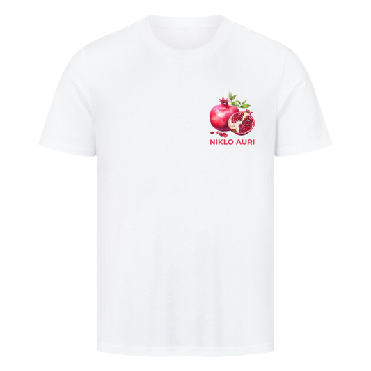 Weißes T-Shirt mit Granatapfel-Illustration und rotem „NIKLO AURI“-Schriftzug auf der linken Brustseite.