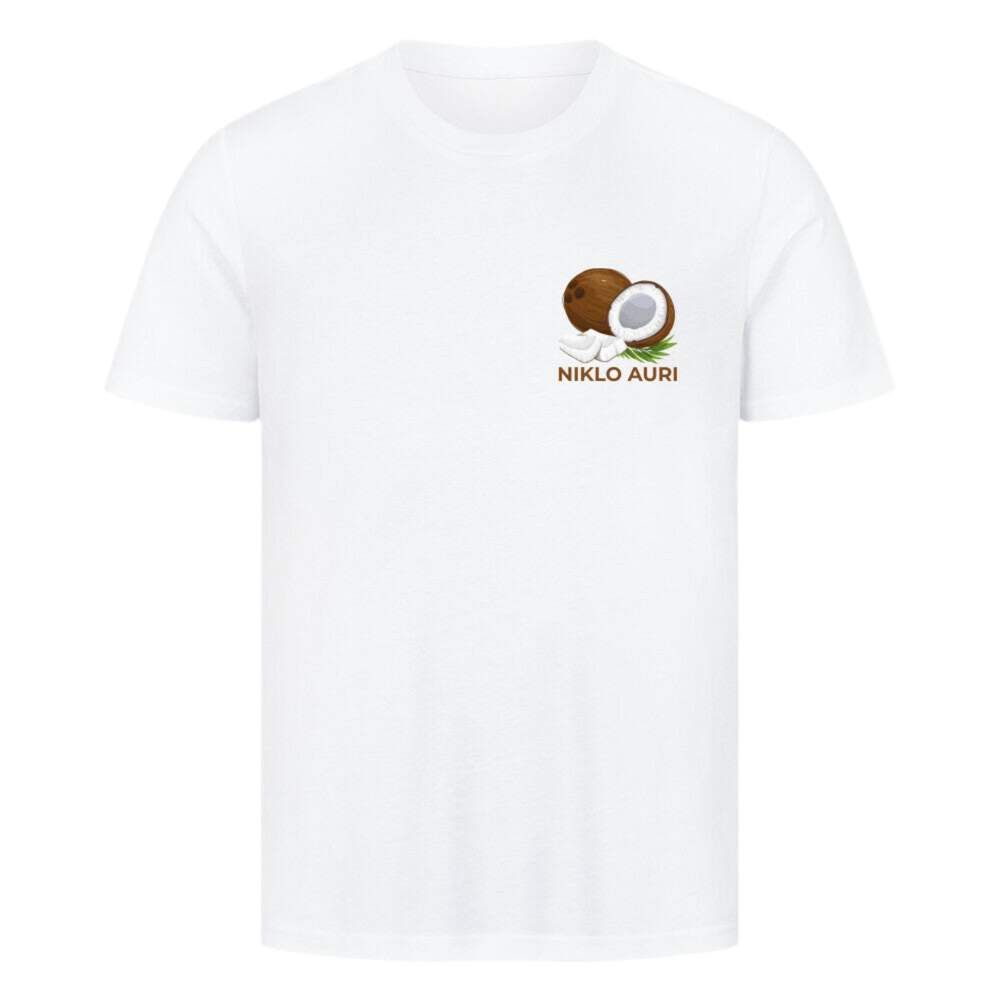 Weißes T-Shirt mit Kokosnuss-Illustration und braunem „NIKLO AURI“-Schriftzug auf der linken Brustseite.