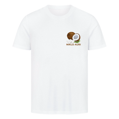 Weißes T-Shirt mit Kokosnuss-Illustration und braunem „NIKLO AURI“-Schriftzug auf der linken Brustseite.