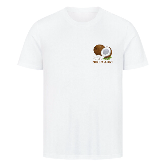 Weißes T-Shirt mit Kokosnuss-Illustration und braunem „NIKLO AURI“-Schriftzug auf der linken Brustseite.