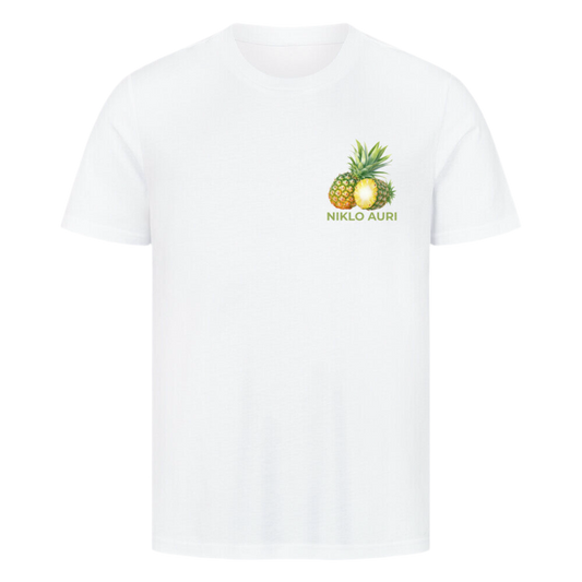 Weißes T-Shirt mit Ananas-Illustration und grünem „NIKLO AURI“-Schriftzug auf der linken Brustseite.