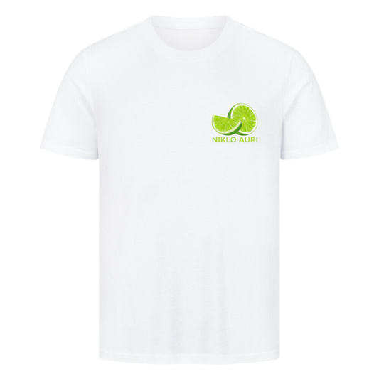 Weißes T-Shirt mit Limetten-Illustration und grünem „NIKLO AURI“-Schriftzug auf der linken Brustseite.