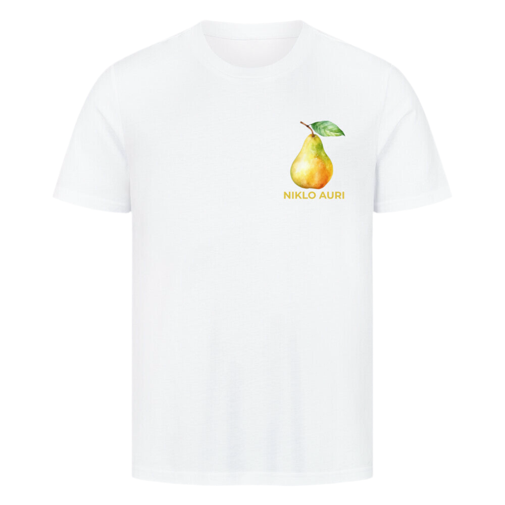 Weißes T-Shirt mit Birnen-Illustration und gelbem „NIKLO AURI“-Schriftzug auf der linken Brustseite.