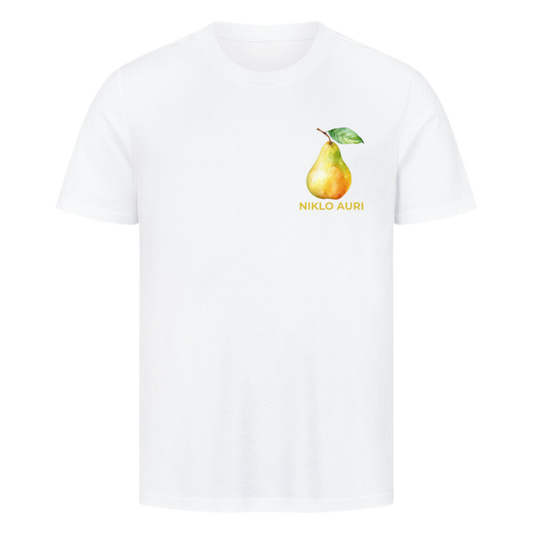 Weißes T-Shirt mit Birnen-Illustration und gelbem „NIKLO AURI“-Schriftzug auf der linken Brustseite.