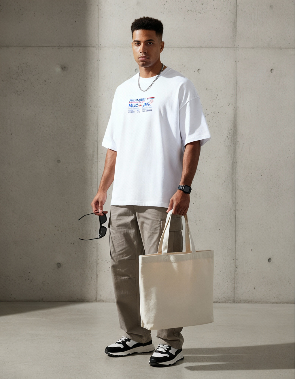 „Model trägt City Flags Tee – weißes Oversized Shirt, urban global style.“