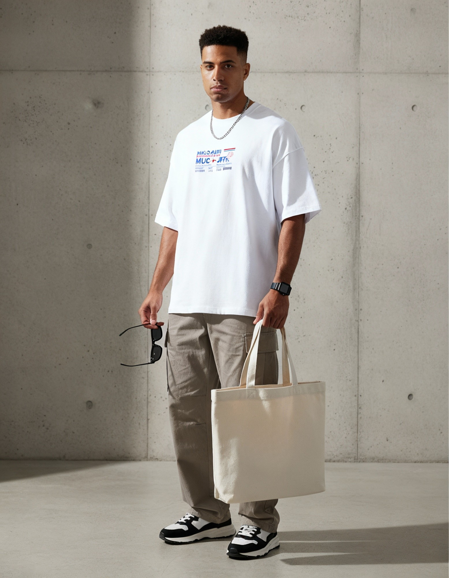 „Model trägt City Flags Tee – weißes Oversized Shirt, urban global style.“