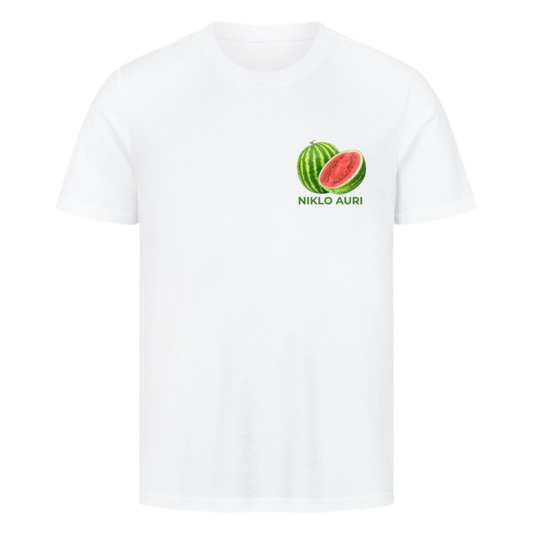 Weißes T-Shirt mit Wassermelonen-Illustration und grünem „NIKLO AURI“-Schriftzug auf der linken Brustseite.