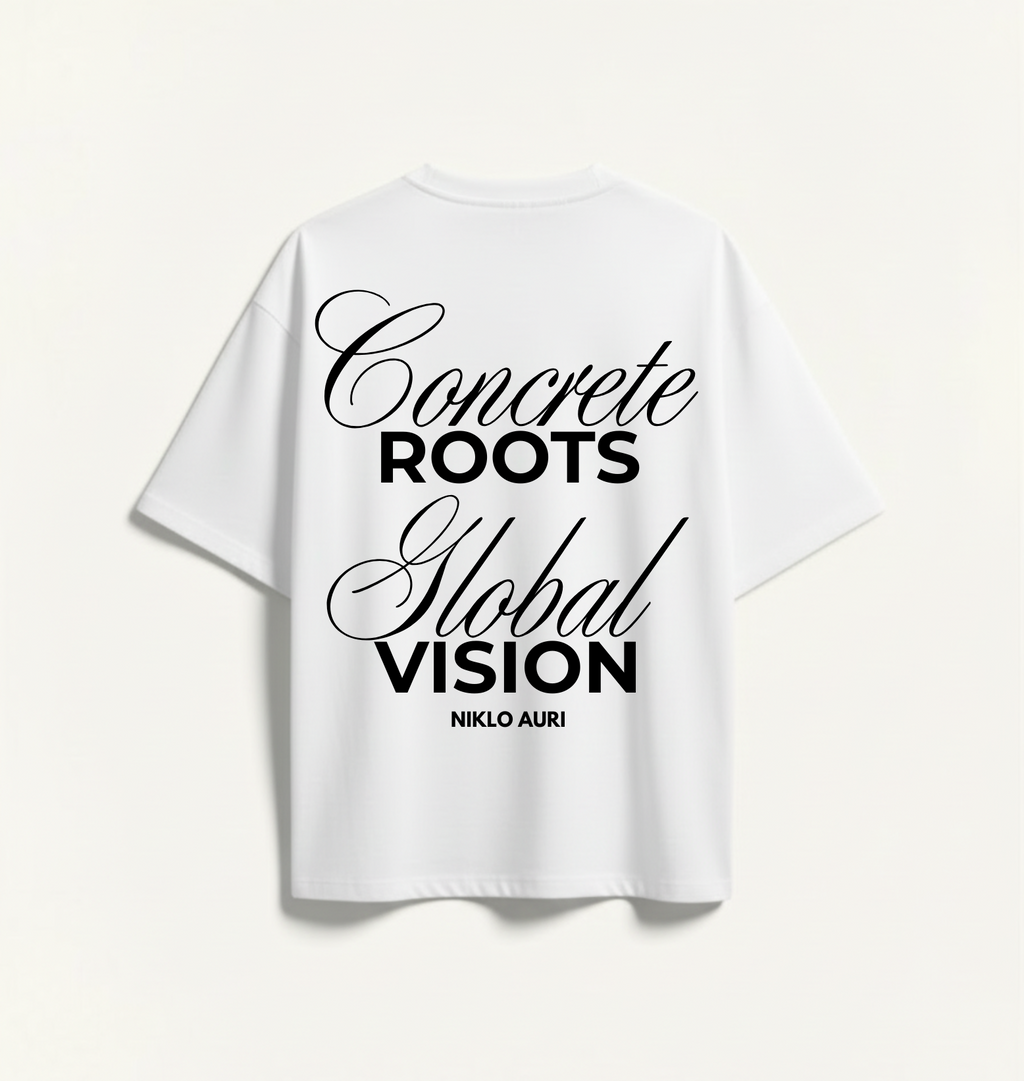„Concrete Roots Global Vision Tee Rückseite weißes Oversized Shirt Produktfoto“