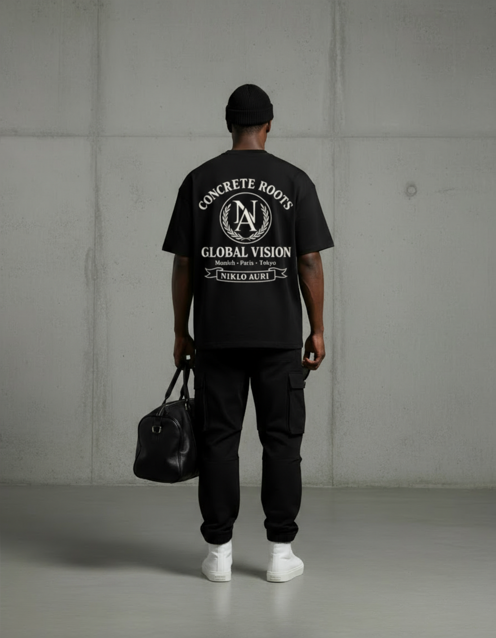 „Model trägt das Concrete Roots Emblem Tee – großer NA-Wappenprint.“