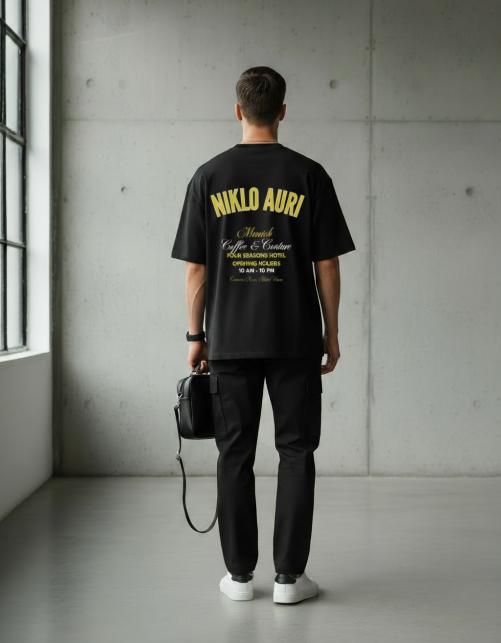„Model trägt Niklo Auri Coffee & Counture Tee – gelber Backprint.“