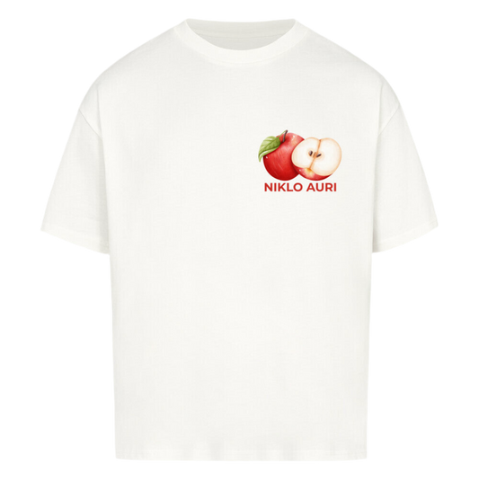 Weißes T-Shirt mit Apfel-Illustration (ganz & aufgeschnitten) und rotem „NIKLO AURI“-Schriftzug auf der linken Brustseite.