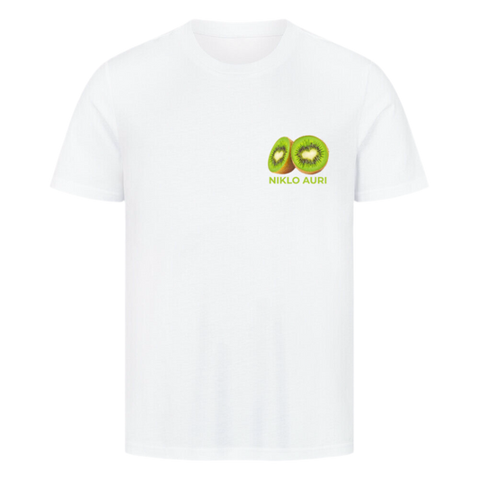 Weißes T-Shirt mit Kiwi-Illustration und grünem „NIKLO AURI“-Schriftzug auf der linken Brustseite.