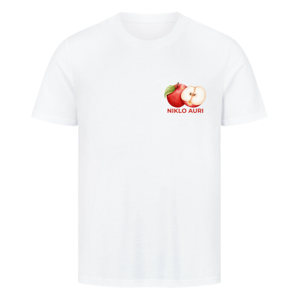 Weißes T-Shirt mit Apfel-Illustration (ganz & aufgeschnitten) und rotem „NIKLO AURI“-Schriftzug auf der linken Brustseite.