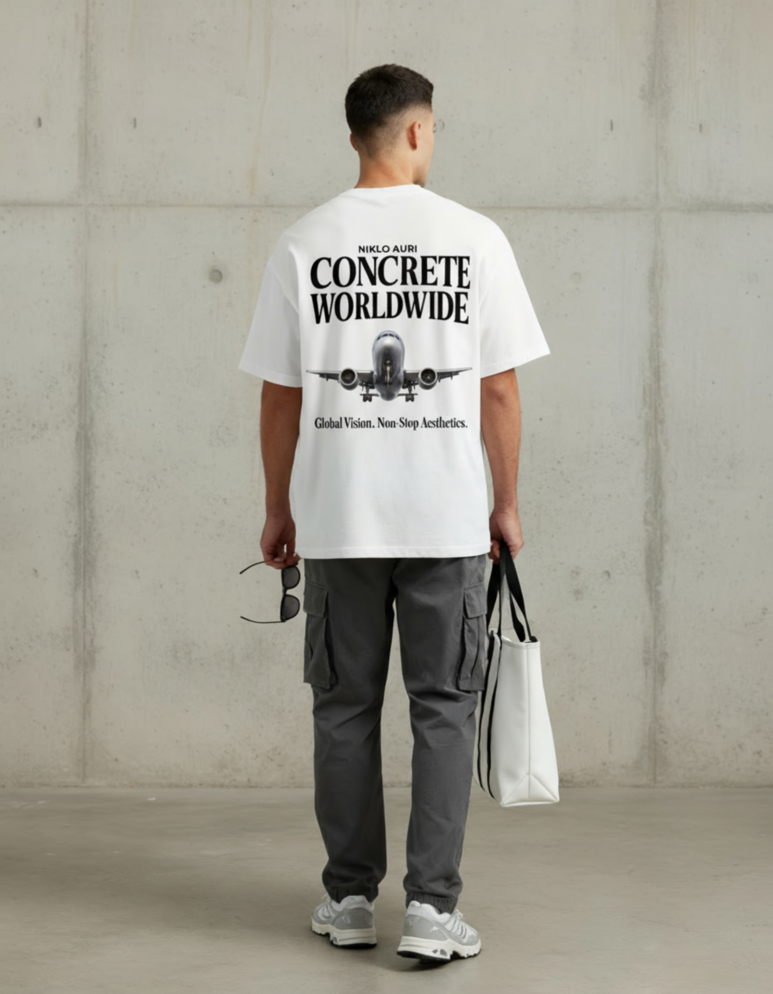 „Model trägt Concrete Worldwide Tee – großer Jet-Backprint in Schwarz.“