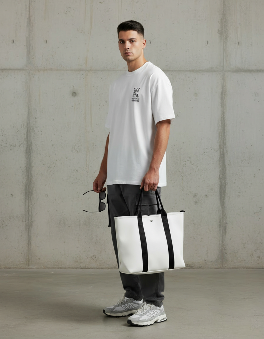 „Model trägt weißes Niklo Auri Worldwide Tee – Oversized Fit.“