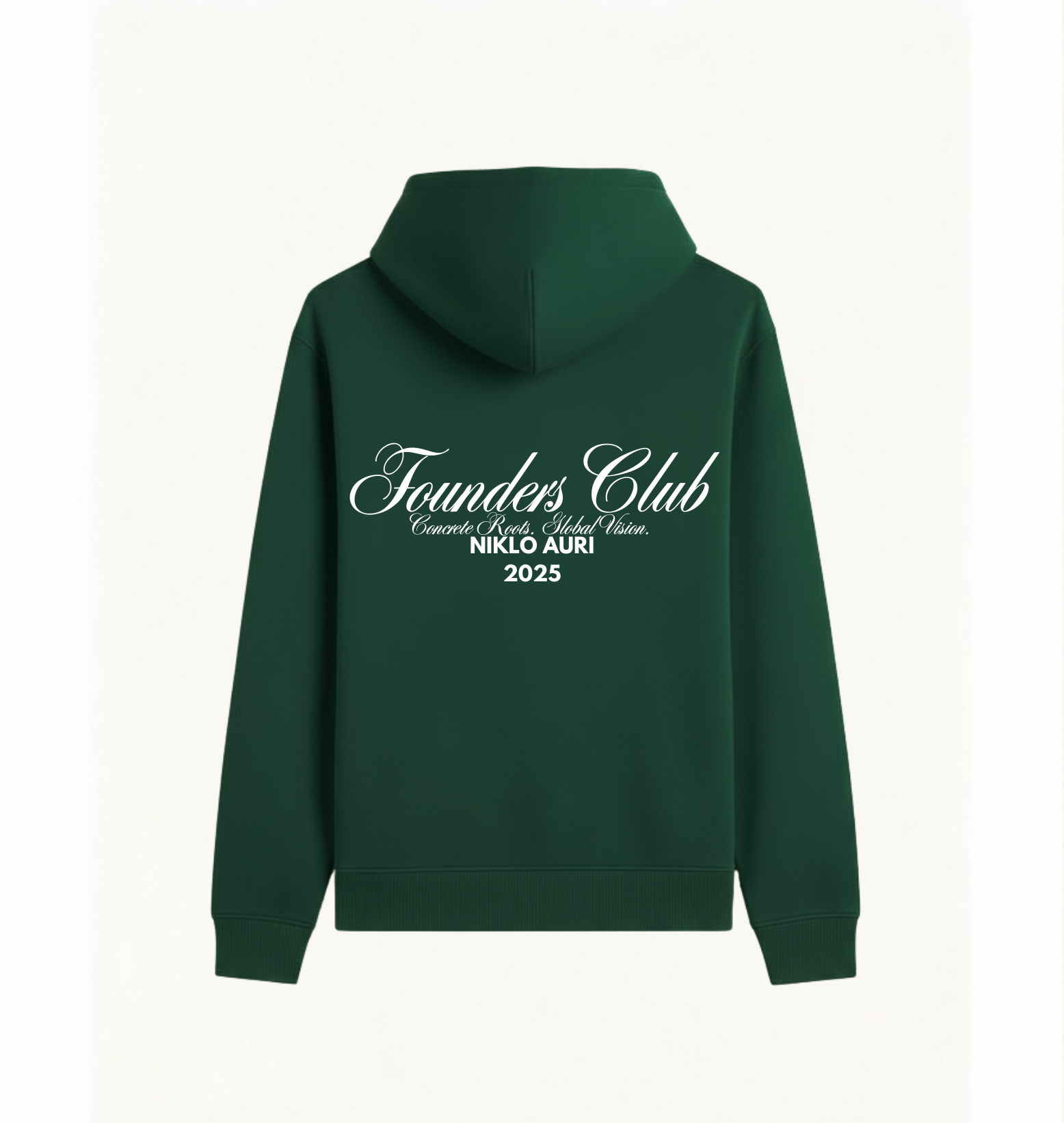 „Niklo Auri Founders Club Hoodie – Forest Green mit Script Backprint.“