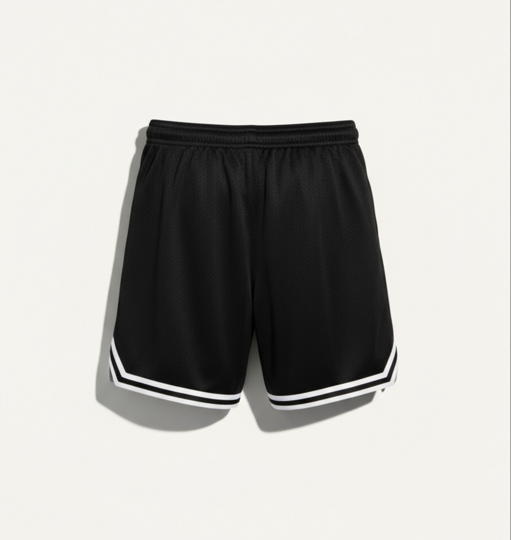 „Schwarze NA Performance Shorts mit weißem Rand – hochwertiges Mesh.“