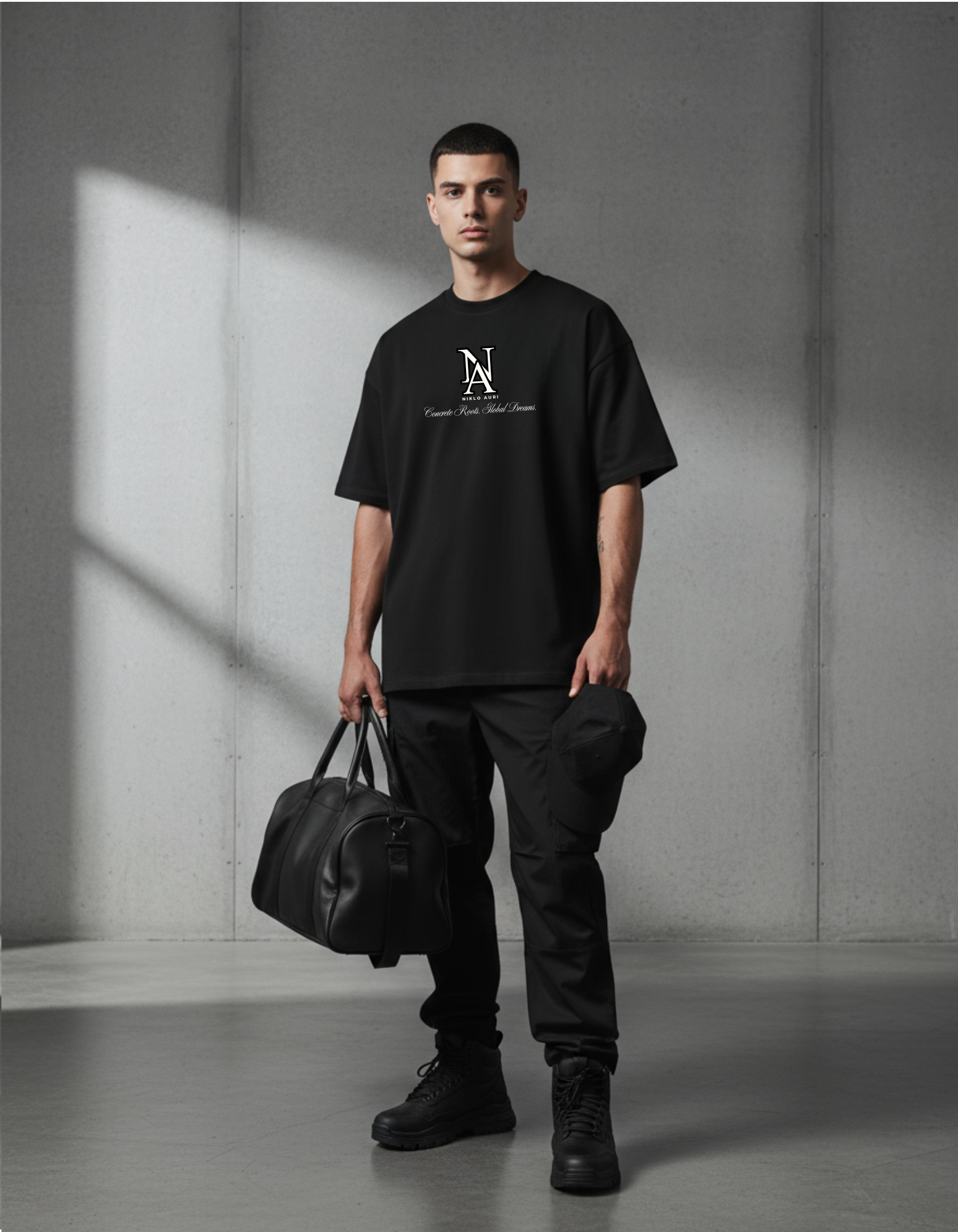 „Model trägt das NIKLO AURI Concrete Roots Tee vorne – Oversized Fit, schwarzes Shirt, Urban Luxury Look.“