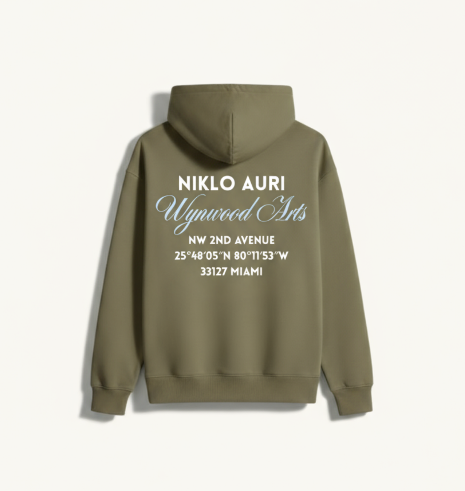 „Niklo Auri Wynwood Arts Hoodie – Olive Green mit Miami 2nd Avenue Backprint.“