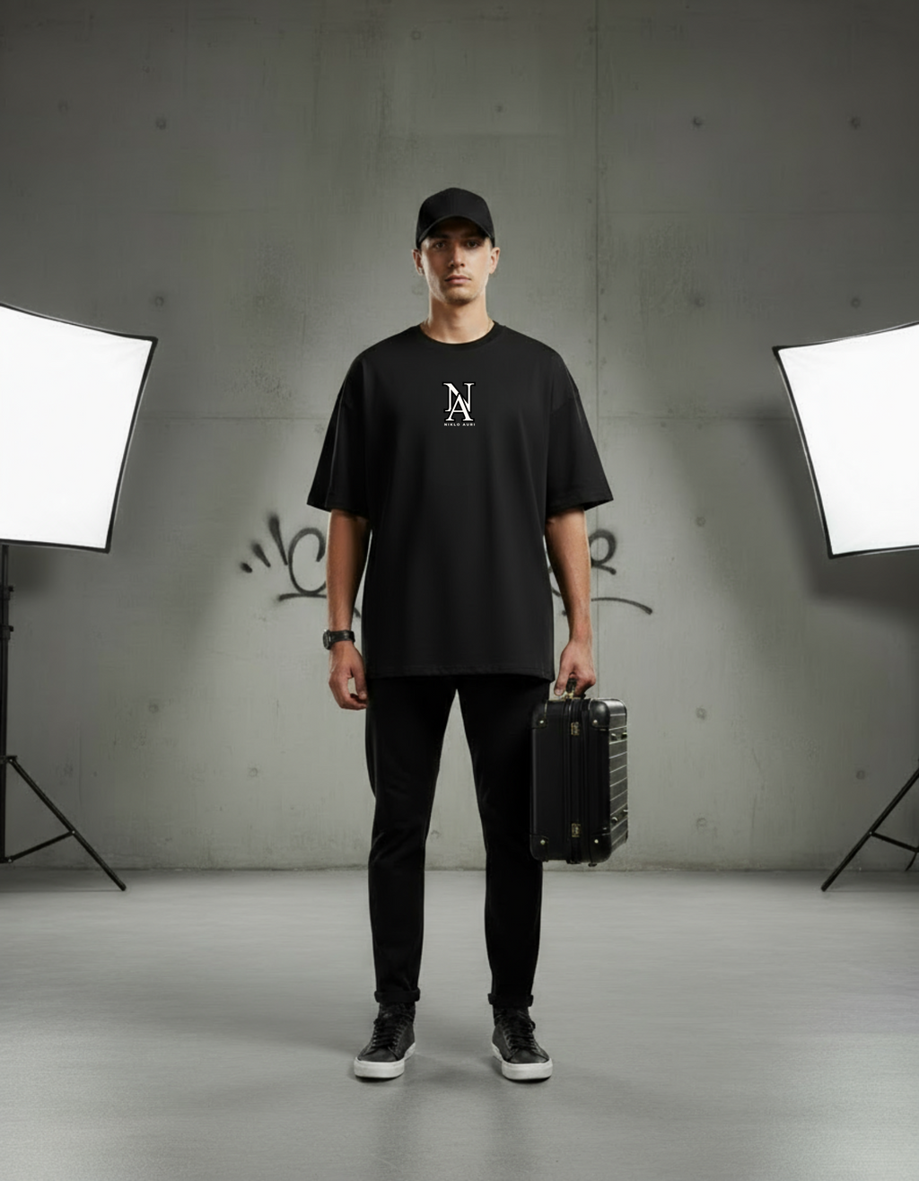 „Model trägt Niklo Auri Everybody Dreams Tee – Oversized Black Shirt.“