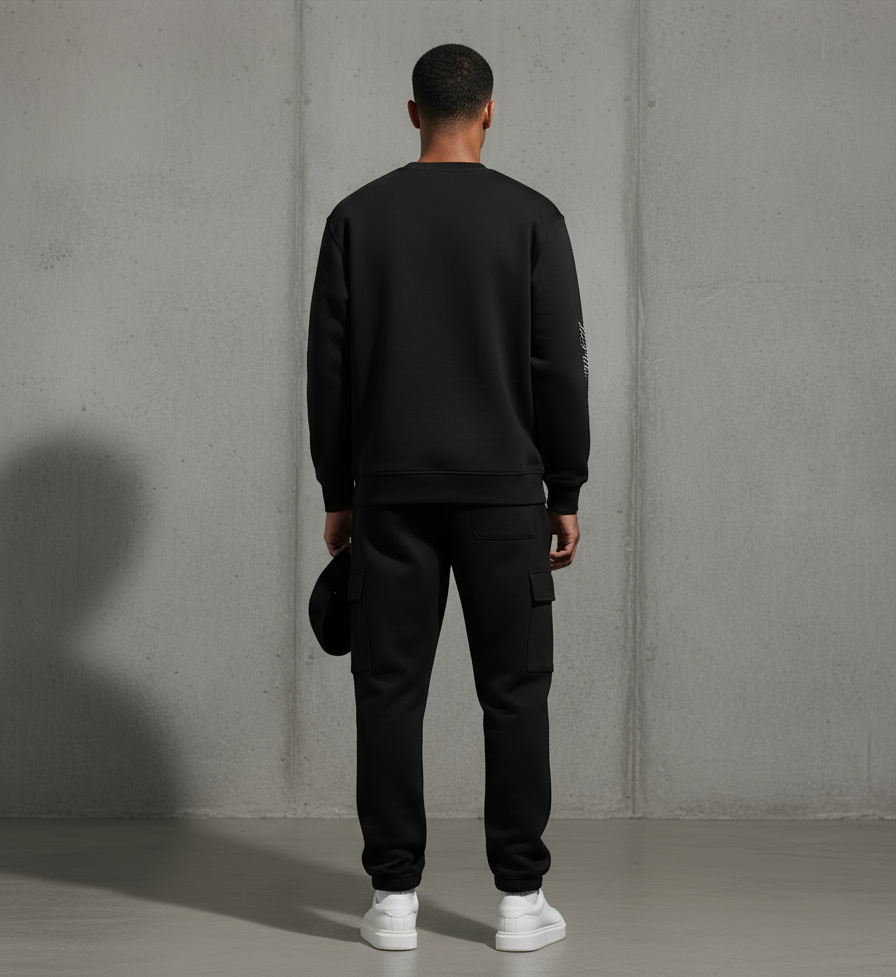 „Model zeigt Rückseite des Niklo Auri Side Script Crewnecks.“