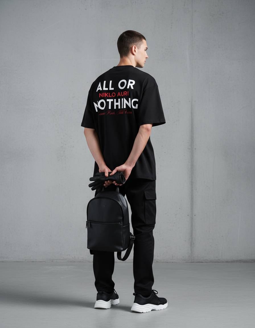 „Model trägt schwarzes ALL OR NOTHING Shirt – großer Backprint.“