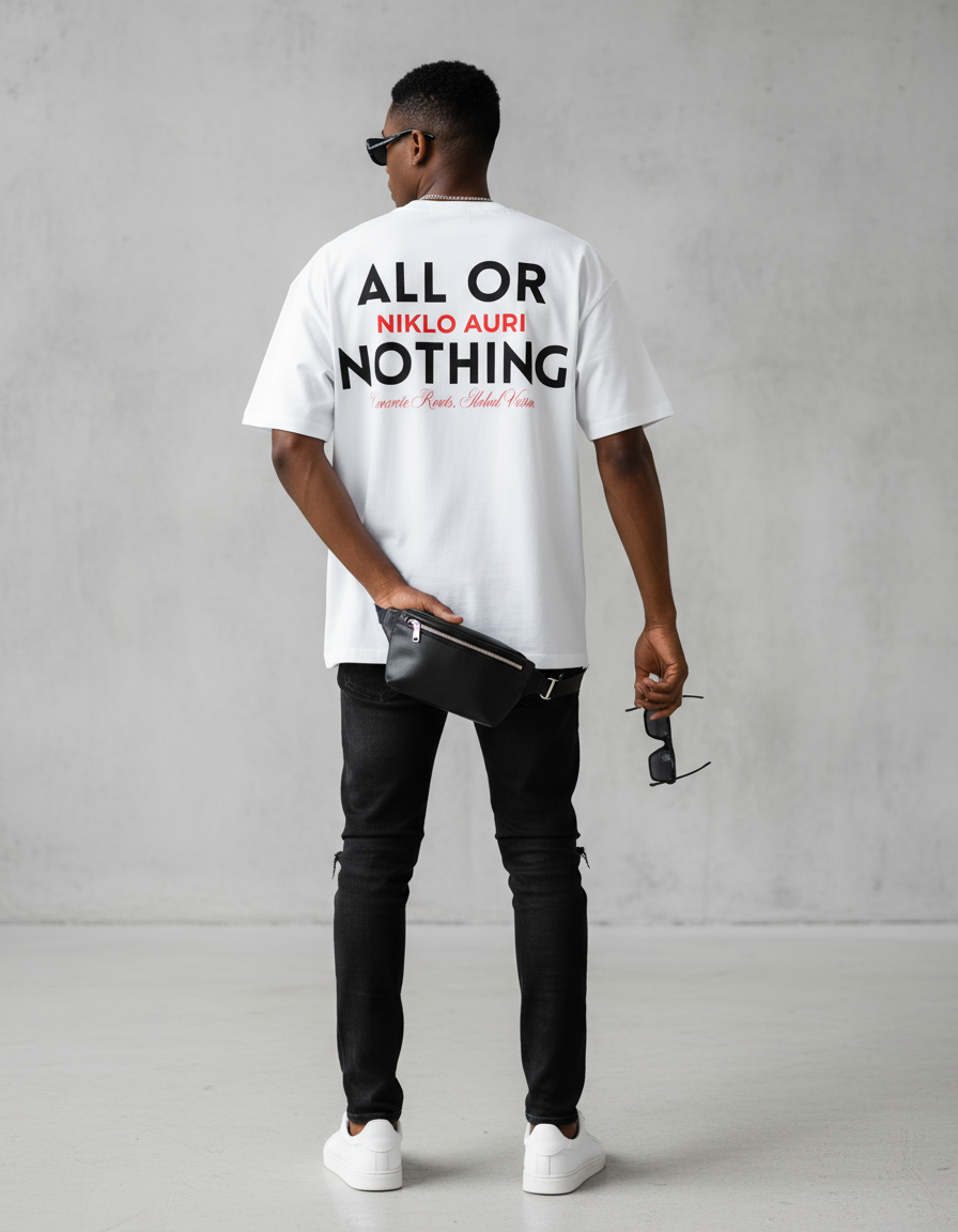 „Model trägt das ALL OR NOTHING Tee – weißes Oversized Shirt.“