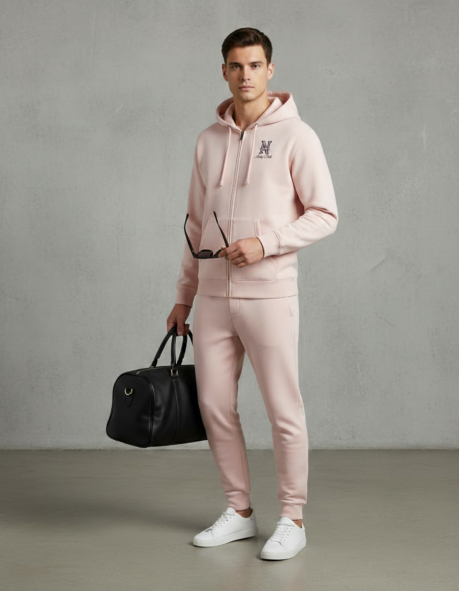 „Model trägt Blush Rose Members Club Hoodie – Oversized Fit.“
