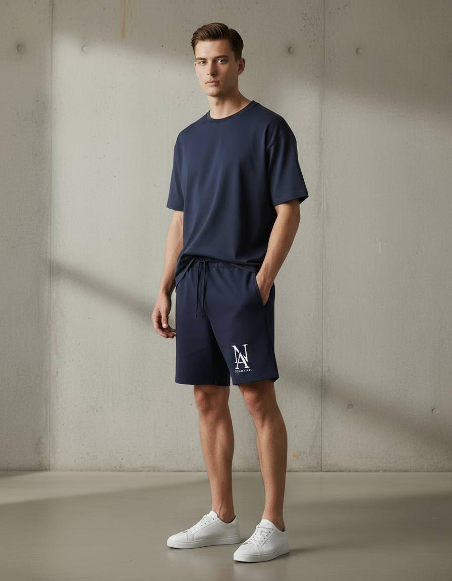 „Model trägt Navy Monogram Shorts – entspannter Urban-Sommer-Look.“