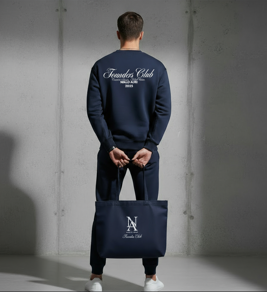 Model zeigt den Founders Club Backprint des Navy Crewnecks.“