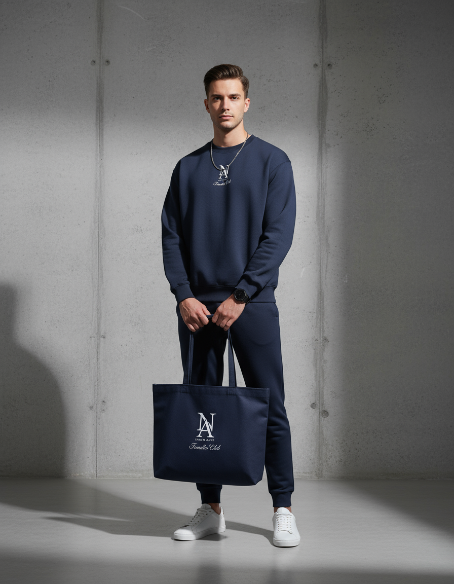 „Model trägt den Niklo Auri Founders Club Sweater in French Navy – Oversized Fit.“