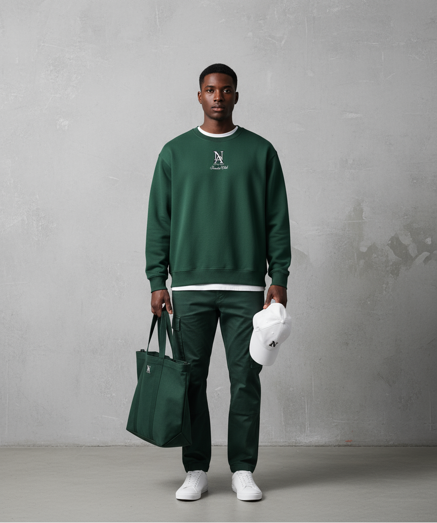 „Model trägt den Niklo Auri Members Club Sweater in Forest Green – Oversized.“