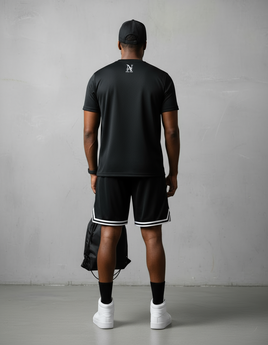 „Model zeigt die Rückseite der NA Performance Mesh Shorts – Schwarz/Weiß.“