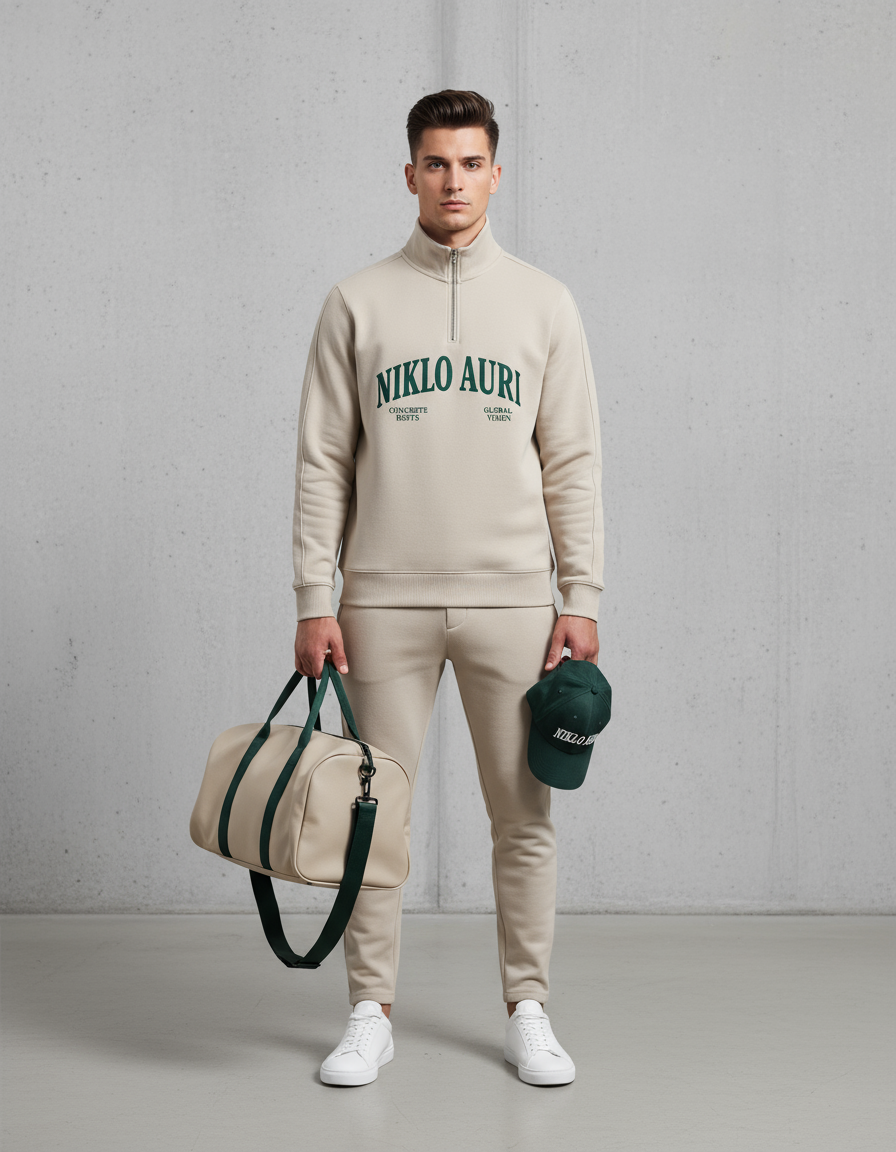 „Model trägt Quarter-Zip Sand Edition – Back View, sportlich urban.“