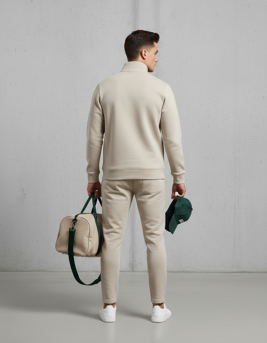 „Model trägt Niklo Auri Sand Quarter-Zip mit Forest Green College Lettering.“