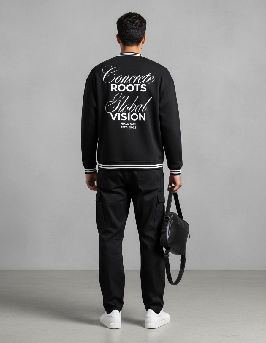 „Model zeigt den Backprint ‚Concrete Roots / Global Vision‘ auf schwarzem Crewneck.“