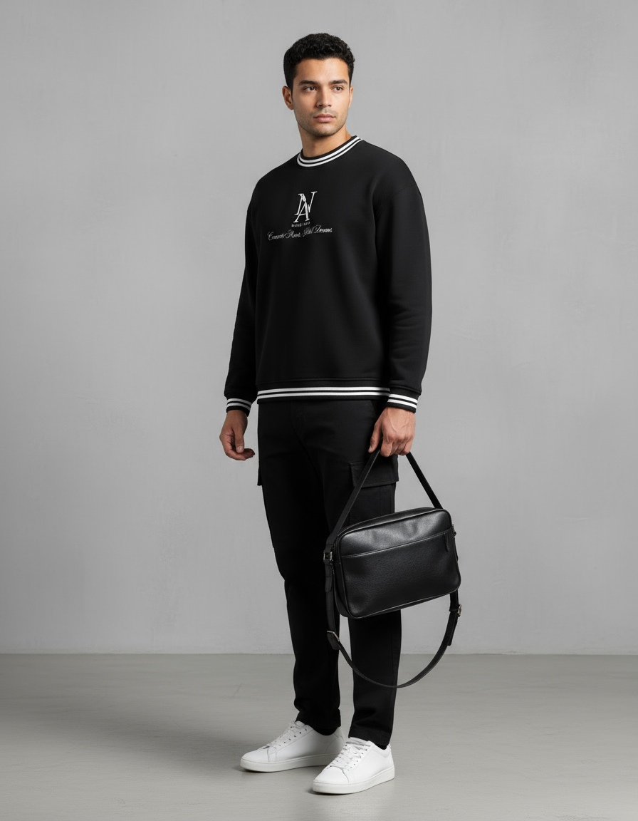 „Model trägt Niklo Auri Concrete Roots Crewneck – schwarzer Sweater mit Stripes.“