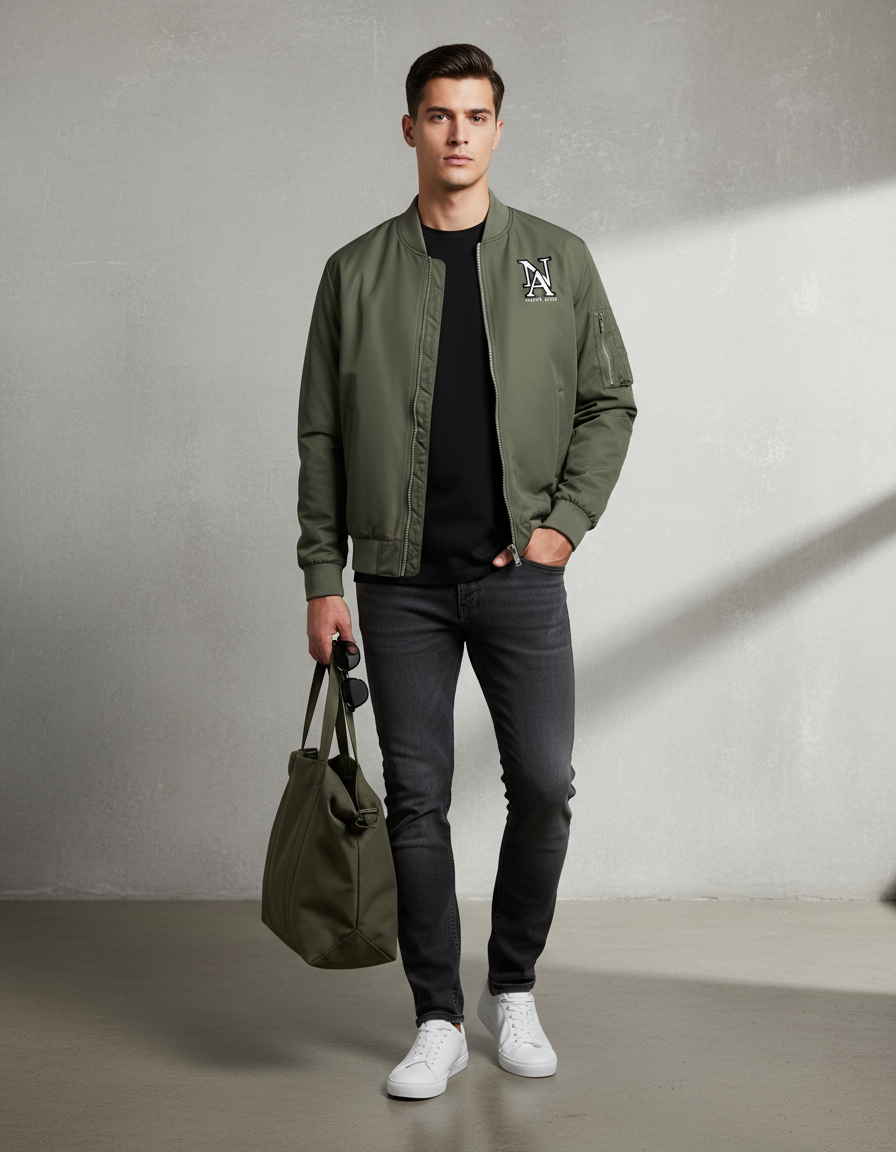 „Model trägt Niklo Auri Bomberjacke in Olive – moderner Bomber Fit.“