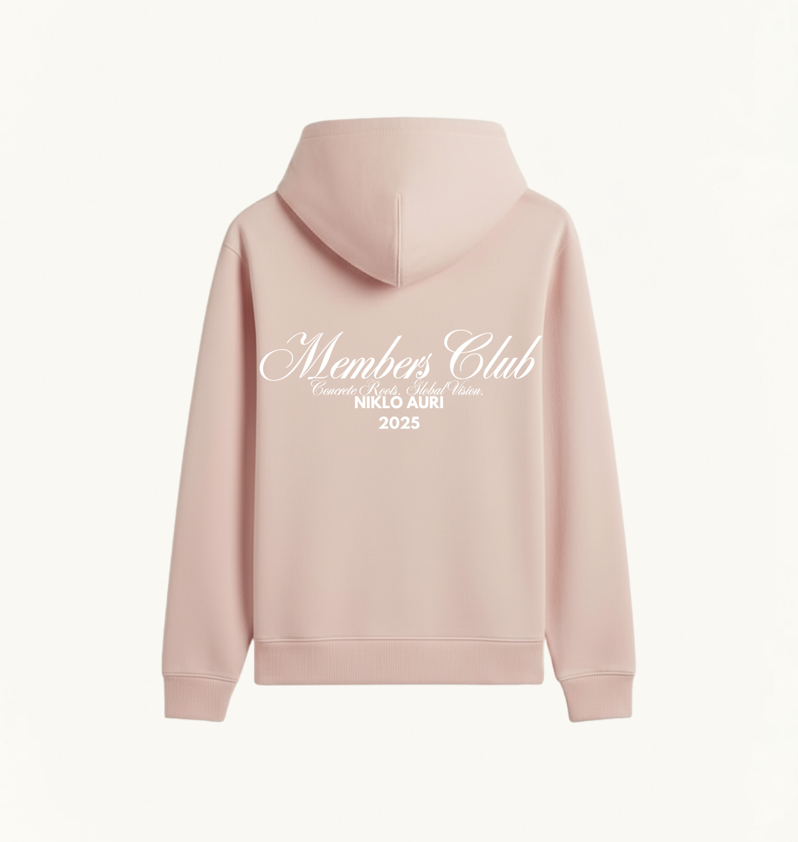 „Niklo Auri Members Club Hoodie – Blush Rose mit Script-Backprint 2025.“